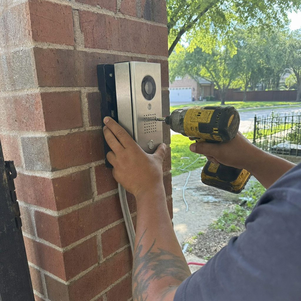 Professional installing video doorbell for gate access control in Farmers Branch, TX