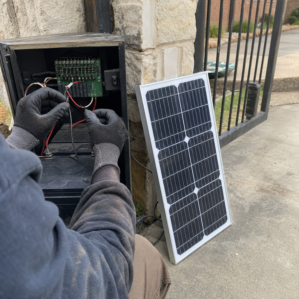 Gate access control wiring installation with solar power. in Farmers Branch, TX