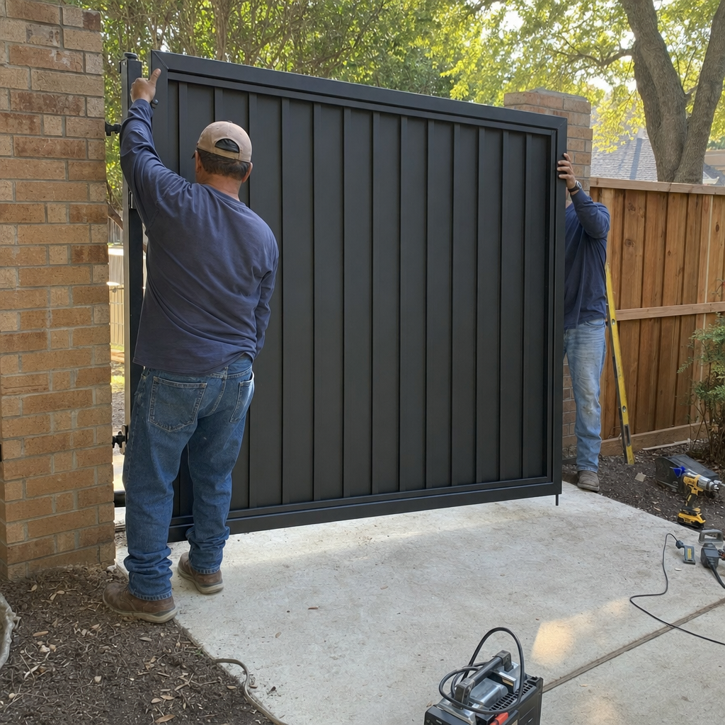 Professionals install black metal gate next to brick pillar.