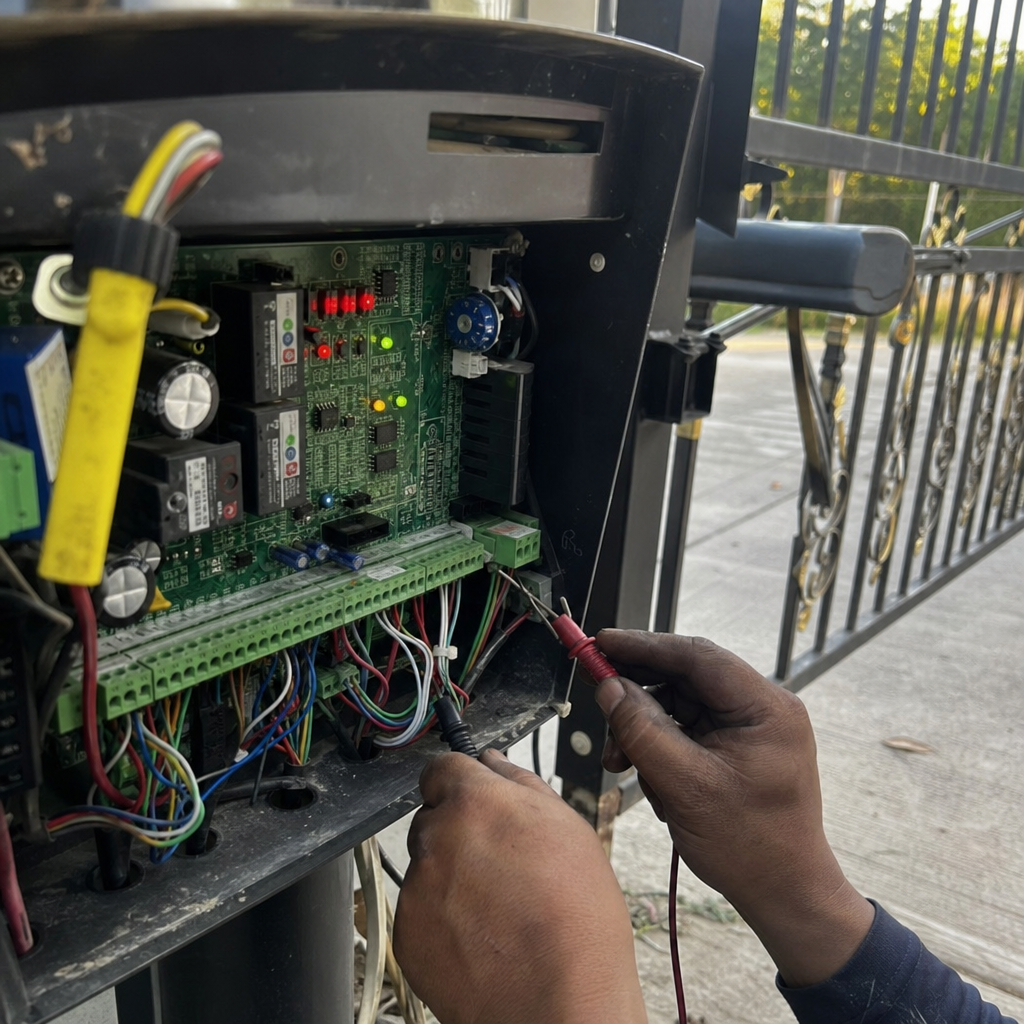 Gate motor and opener repair by technician using multimeter