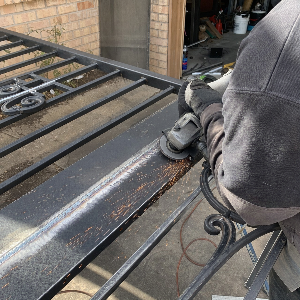 Gate parts and welding with angle grinder creating sparks in Dallas, TX