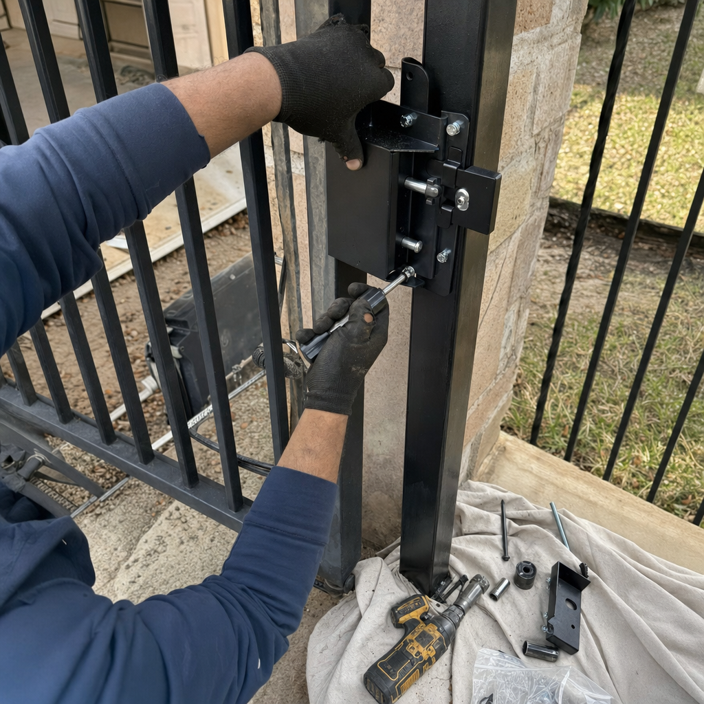 Gate repair professional installing lock hardware on a black metal gate.